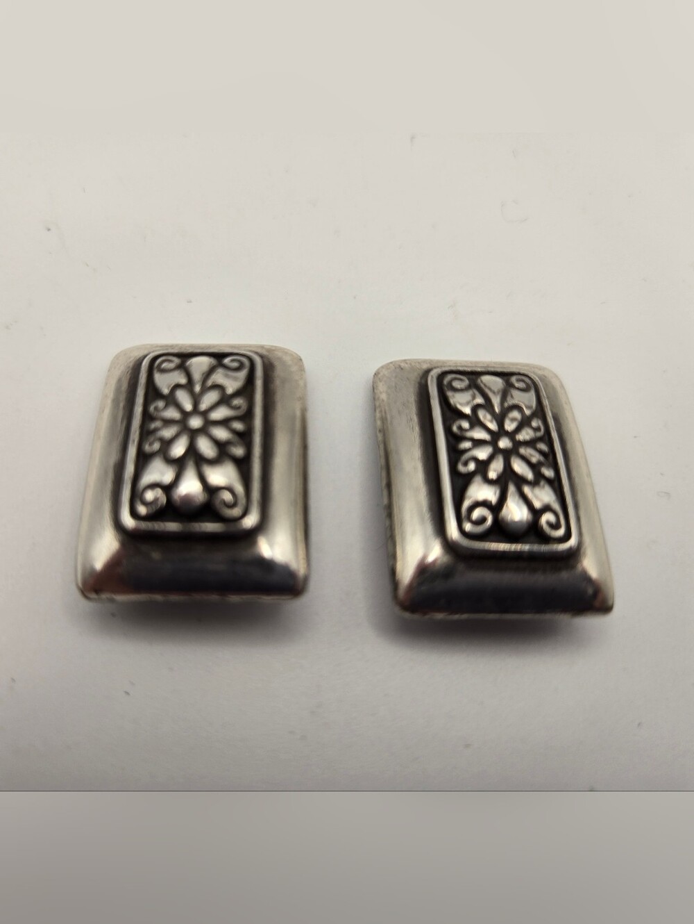 Brighton Silver-Tone Floral  Rectangular Clip Earrings Vintage Scroll Scultural